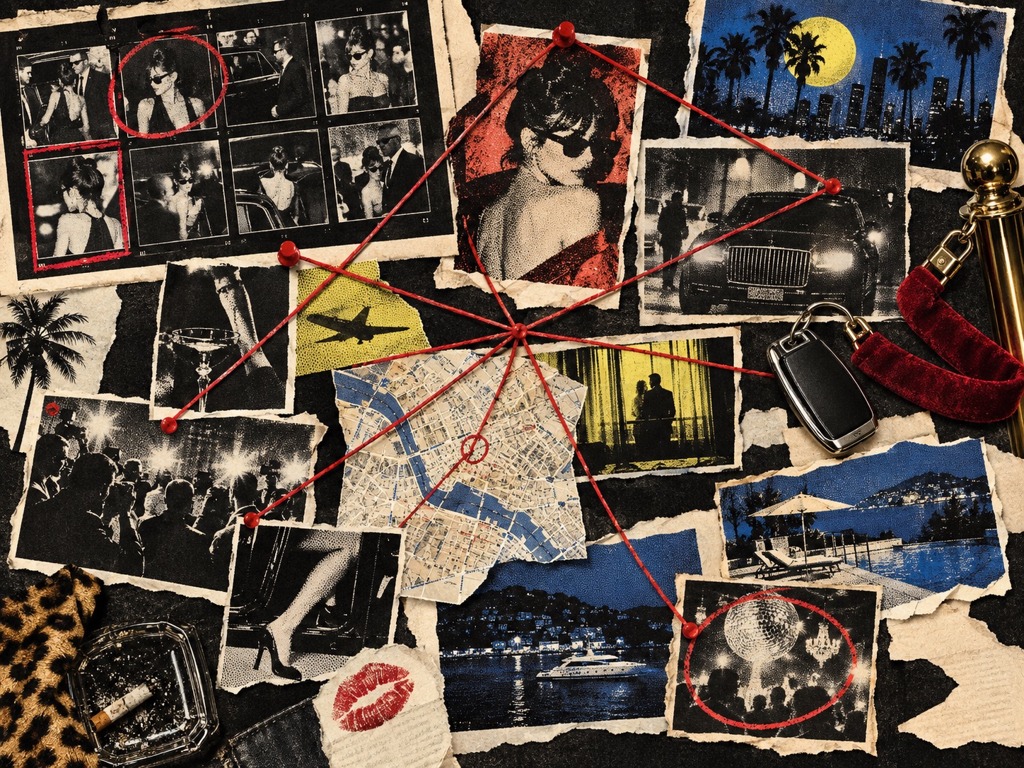 A fictional evidence board of paparazzi photos, red thread, maps and red-carpet clues